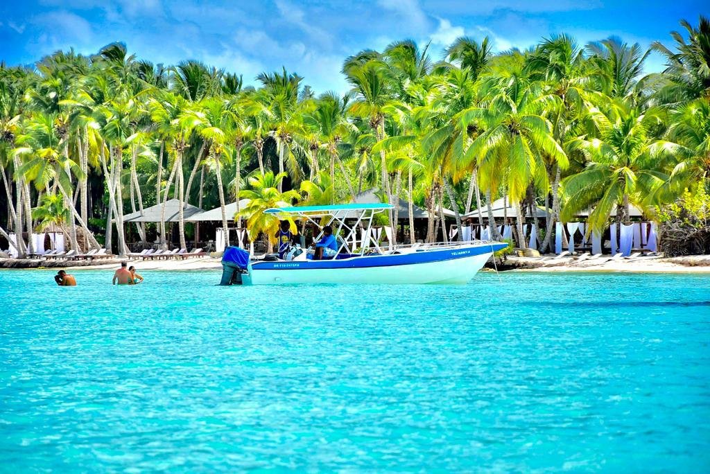 "Playa de Isla Saona con palmeras y aguas cristalinas en República Dominicana"